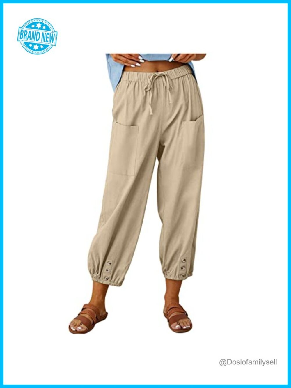 100% Cotton Capri Pants High Waist Drawstring Cinch Bottom Casual Crop Trousers